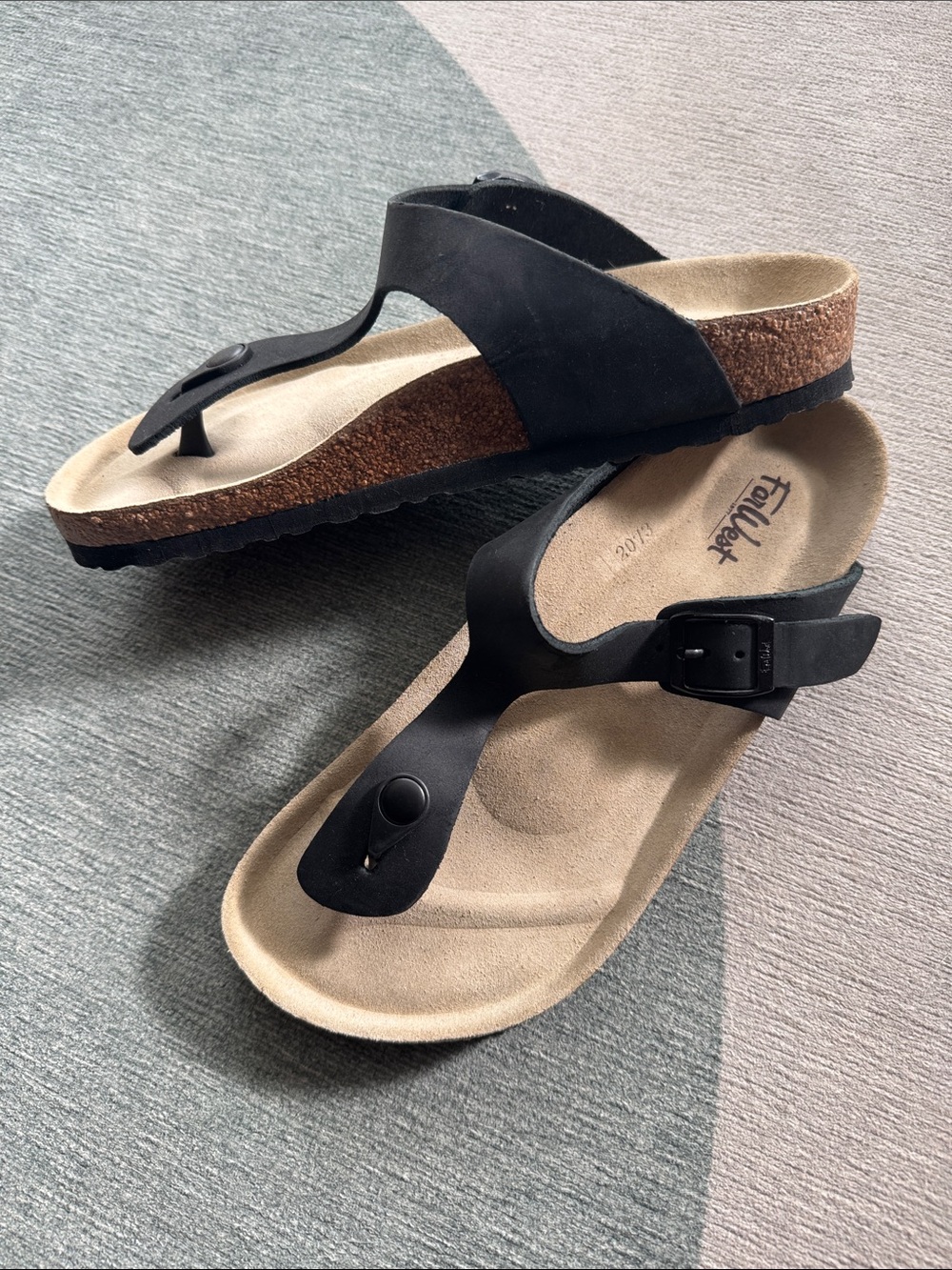 2/$40🔥 Women's Black Faux-Leather Toe-Post Sandals with Adjustable Strap